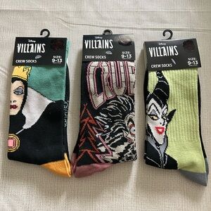 NWT Disney Villains Crew Socks Evil Queen, Cruella and Maleficent- Set of 3